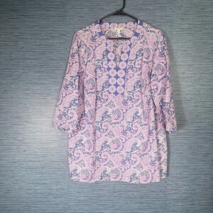 Talbots Plus Women's Blue Purple‎ Paisley Print Cotton Long Sleeves Tunic 1X
